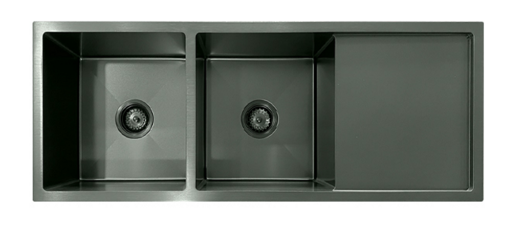 11644-MBL Matt Black Stainless Steel Double Bowl Kitchen Sink with Drainer, 1160x440x220mm