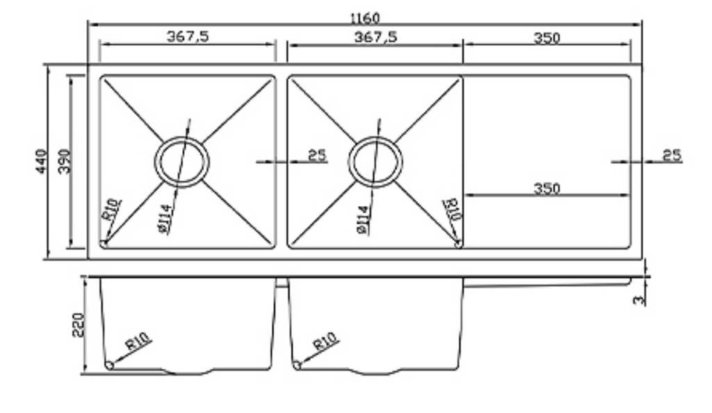 11644-MBL Matt Black Stainless Steel Double Bowl Kitchen Sink with Drainer, 1160x440x220mm