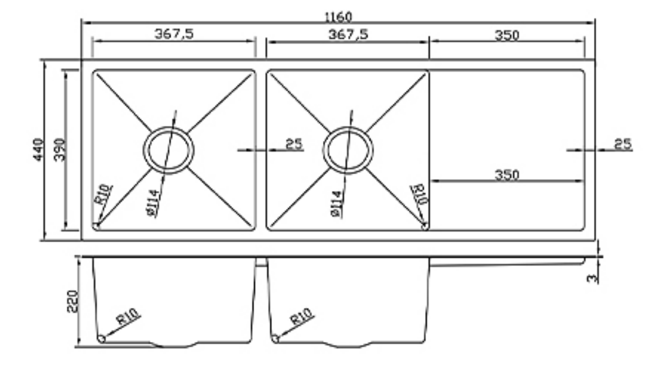 11644-MBL Matt Black Stainless Steel Double Bowl Kitchen Sink with Drainer, 1160x440x220mm