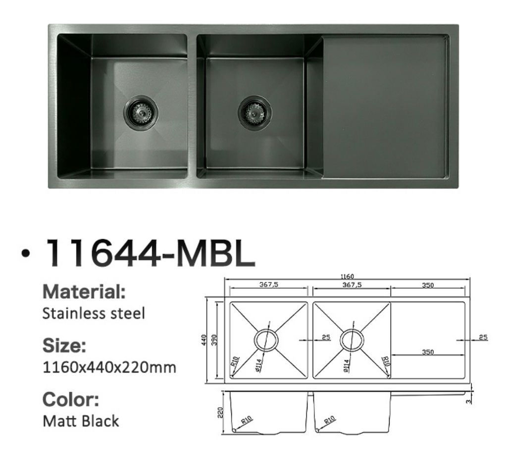 11644-MBL Matt Black Stainless Steel Double Bowl Kitchen Sink with Drainer, 1160x440x220mm