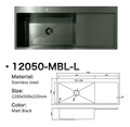 12050-MBL-L Matt Black Stainless Steel Single Bowl Kitchen Sink with Drainer, 1200x500x220mm Left Bowl