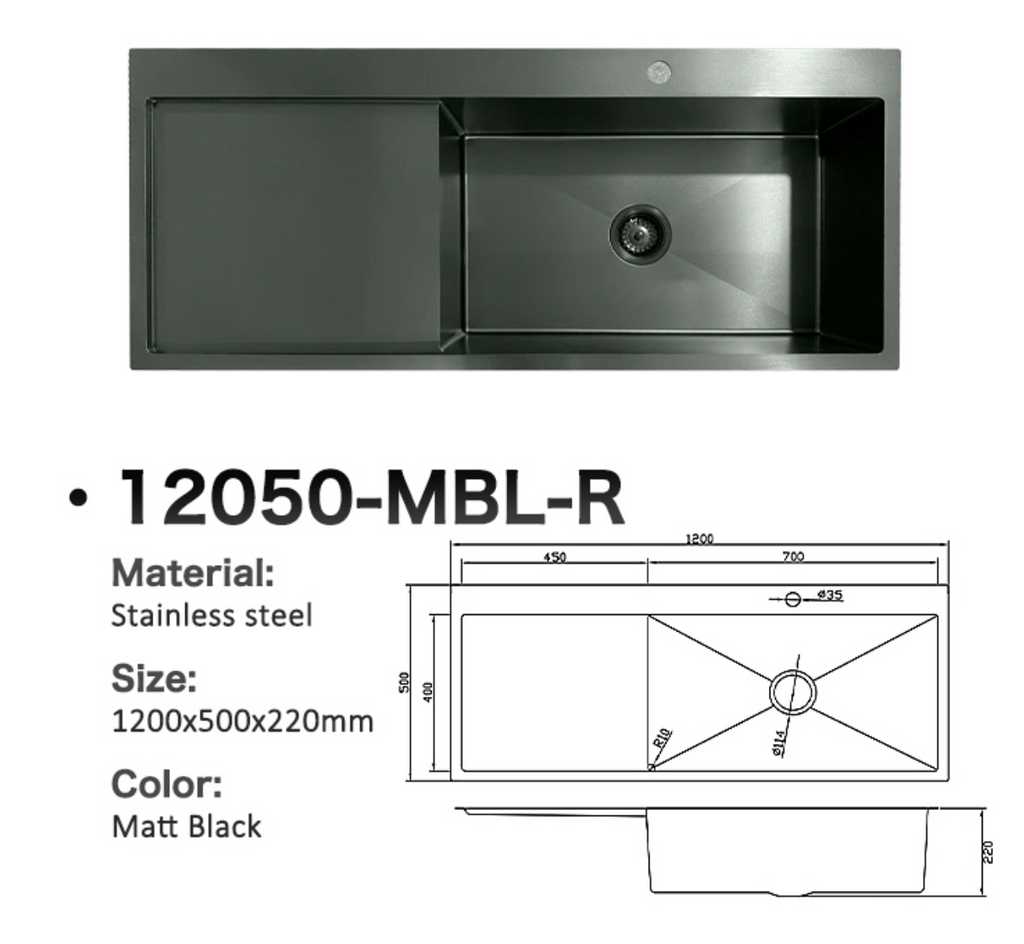 12050-MBL-R Matt Black Stainless Steel Single Bowl Kitchen Sink with Drainer, 1200x500x220mm Right Bowl