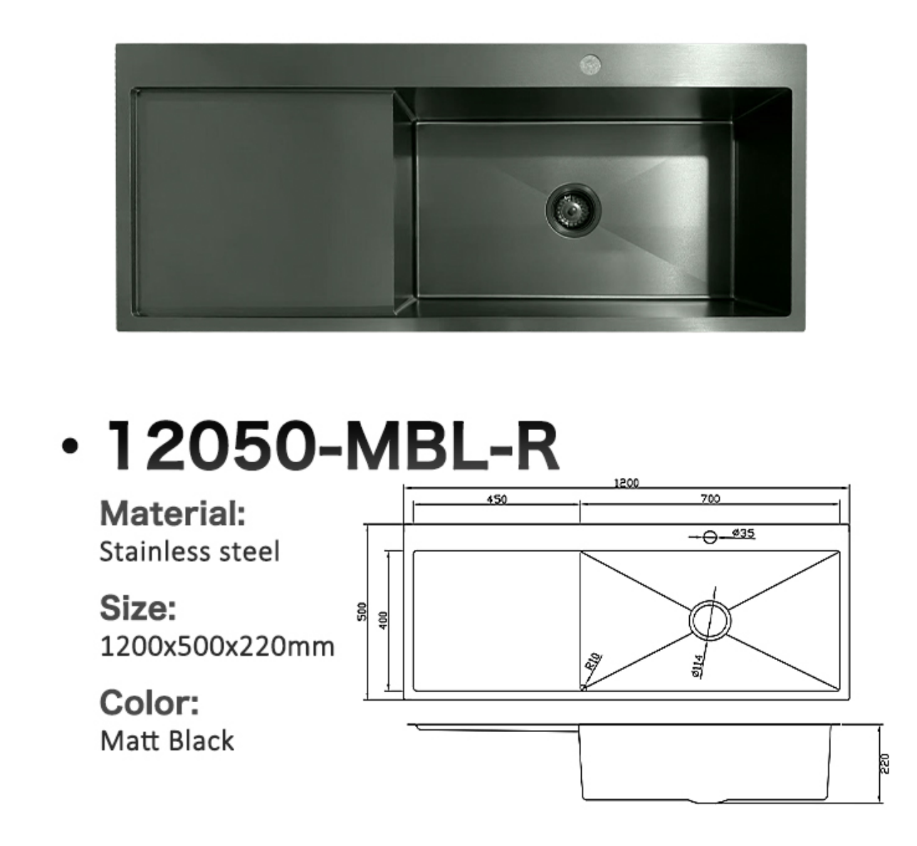 12050-MBL-R Matt Black Stainless Steel Single Bowl Kitchen Sink with Drainer, 1200x500x220mm Right Bowl