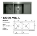 12050-MBL-L Matt Black Stainless Steel Double Bowl Kitchen Sink with Drainer, 1200x500x220mm Left Drainer