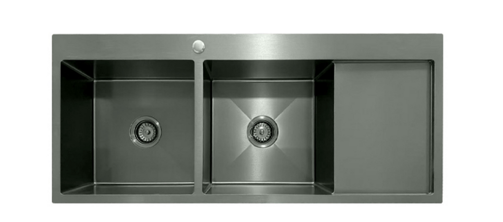 12050-MBL-L Matt Black Stainless Steel Double Bowl Kitchen Sink with Drainer, 1200x500x220mm Left Drainer