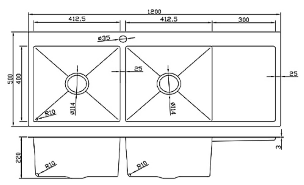 12050-MBL-L Matt Black Stainless Steel Double Bowl Kitchen Sink with Drainer, 1200x500x220mm Left Drainer