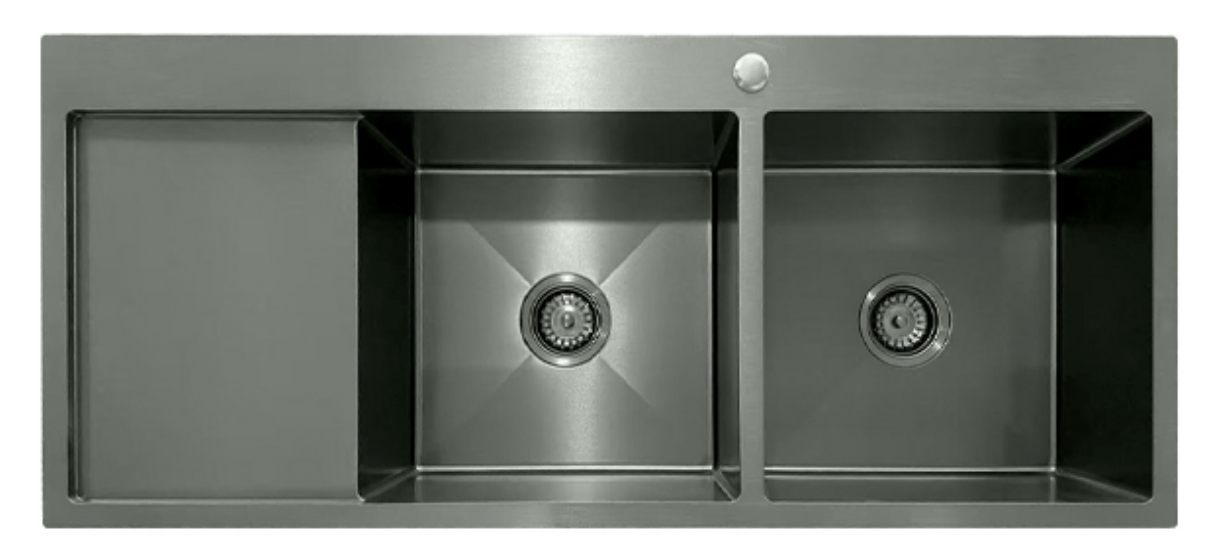 12050-MBL-R Matt Black Stainless Steel Double Bowl Kitchen Sink with Drainer, 1200x500x220mm Right Drainer