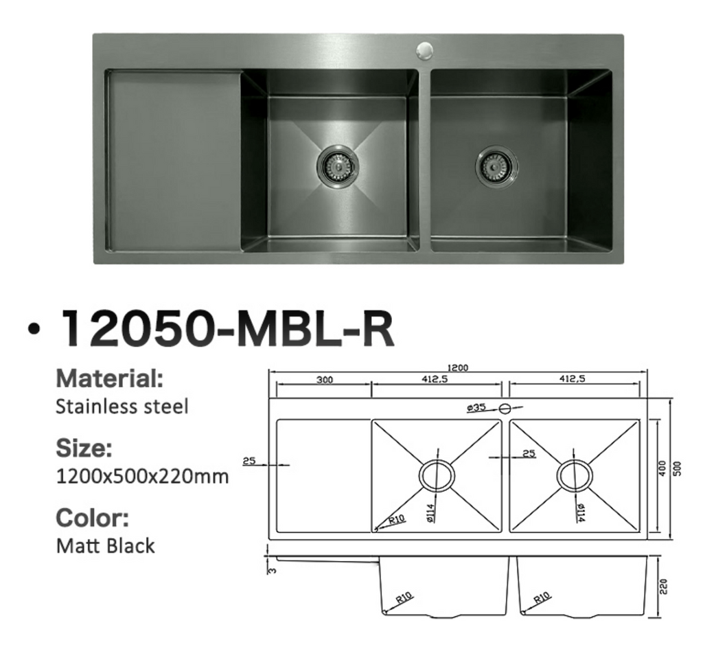 12050-MBL-R Matt Black Stainless Steel Double Bowl Kitchen Sink with Drainer, 1200x500x220mm Right Drainer