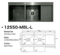 12550-MBL-L Matt Black Stainless Steel Double Bowl Kitchen Sink with Drainer, 1250x500x220mm Left Drainer
