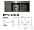 12550-MBL-R Matt Black Stainless Steel Double Bowl Kitchen Sink with Drainer, 1250x500x220mm Right Drainer