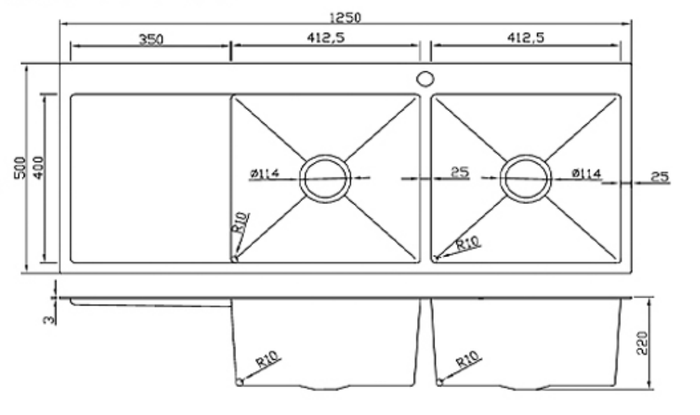 12550-MBL-R Matt Black Stainless Steel Double Bowl Kitchen Sink with Drainer, 1250x500x220mm Right Drainer
