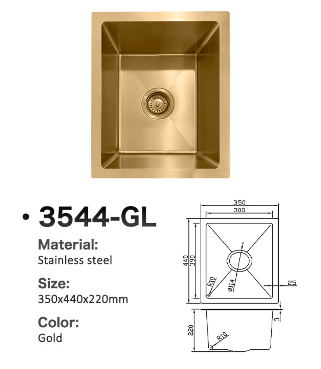 3544-GL Gold Stainless Steel Single Bowl Sink, 350x440x220mm