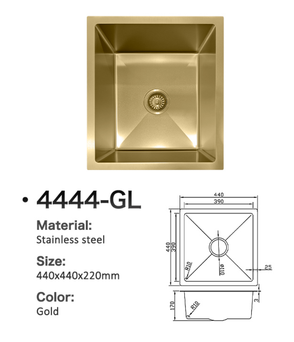 4444-GL Gold Stainless Steel Single Bowl Sink, 440x440x220mm