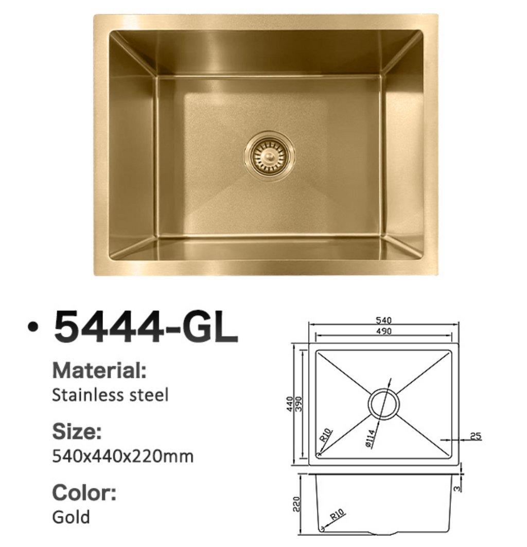 5444-GL Gold Stainless Steel Single Bowl Sink, 540x440x220mm