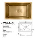 7044-GL Gold Stainless Steel Single Bowl Sink, 700x440x220mm