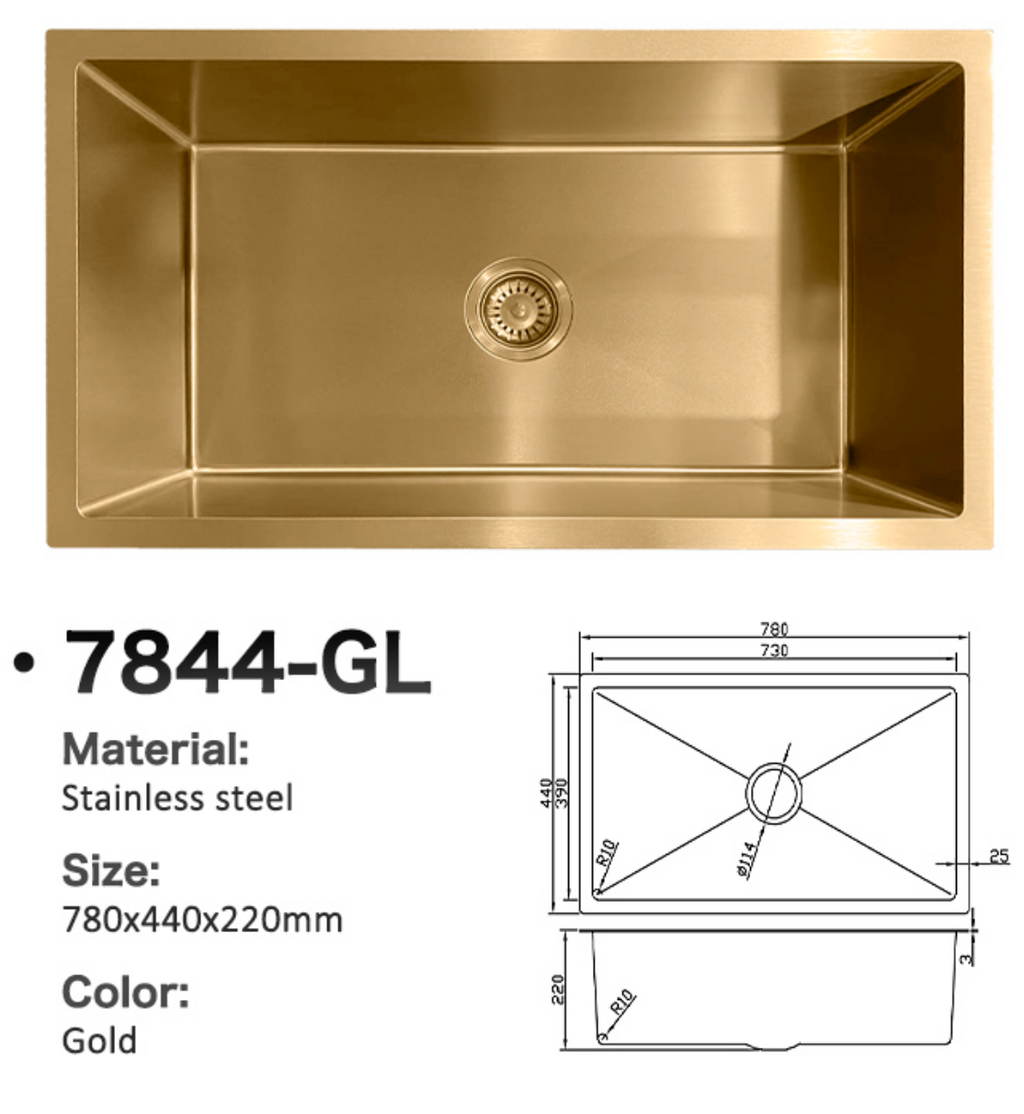 7844-GL Gold Stainless Steel Single Bowl Sink, 780x440x220mm