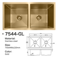 7544-GL Gold Stainless Steel Double Bowl Sink, 750x440x220mm