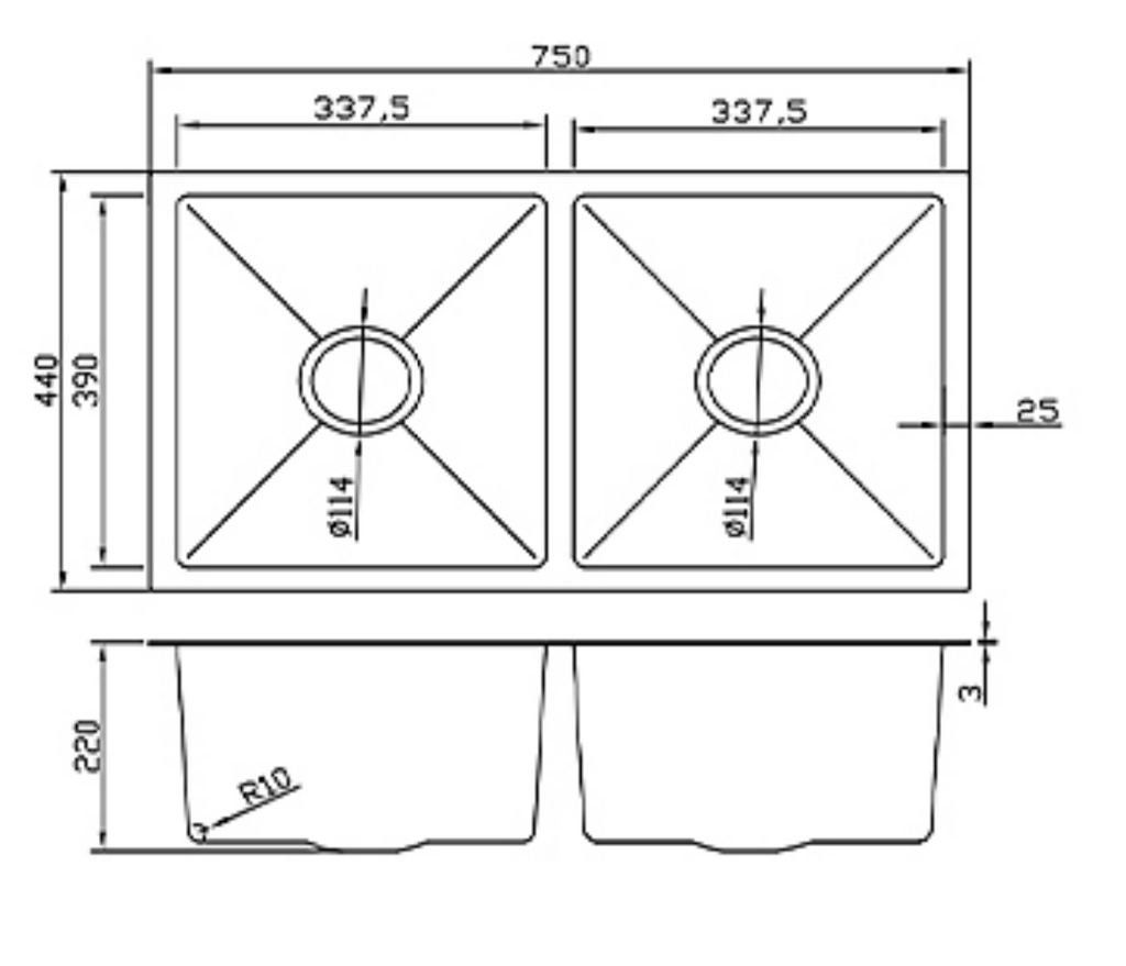 7544-GL Gold Stainless Steel Double Bowl Sink, 750x440x220mm