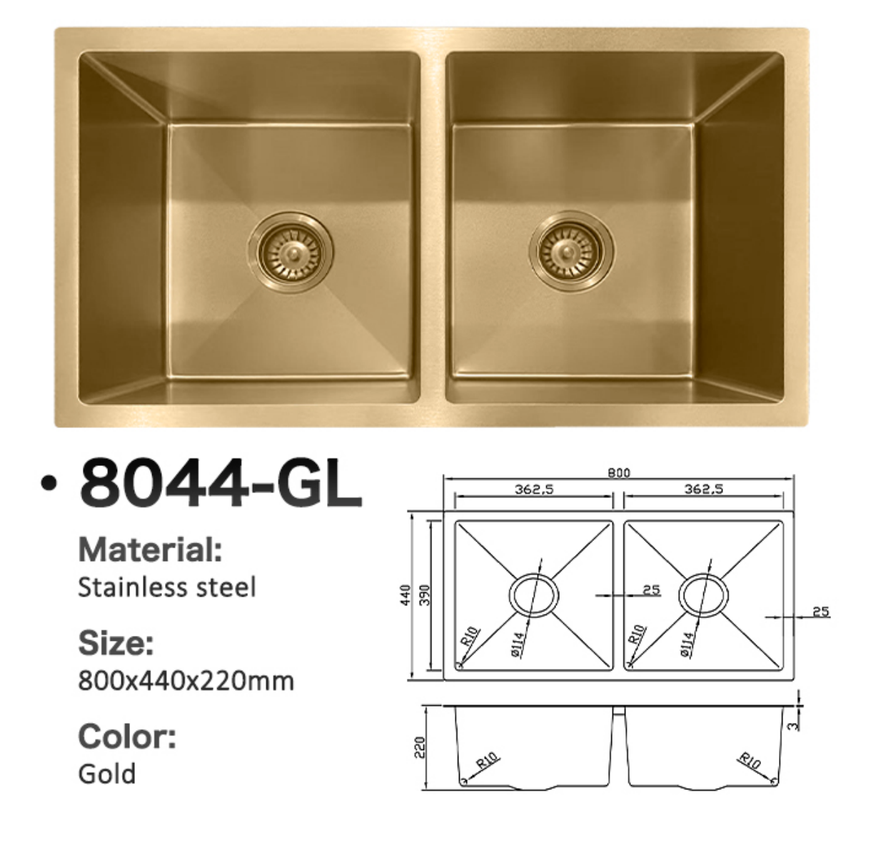 8044-GL Stainless Steel Double Bowl Sink