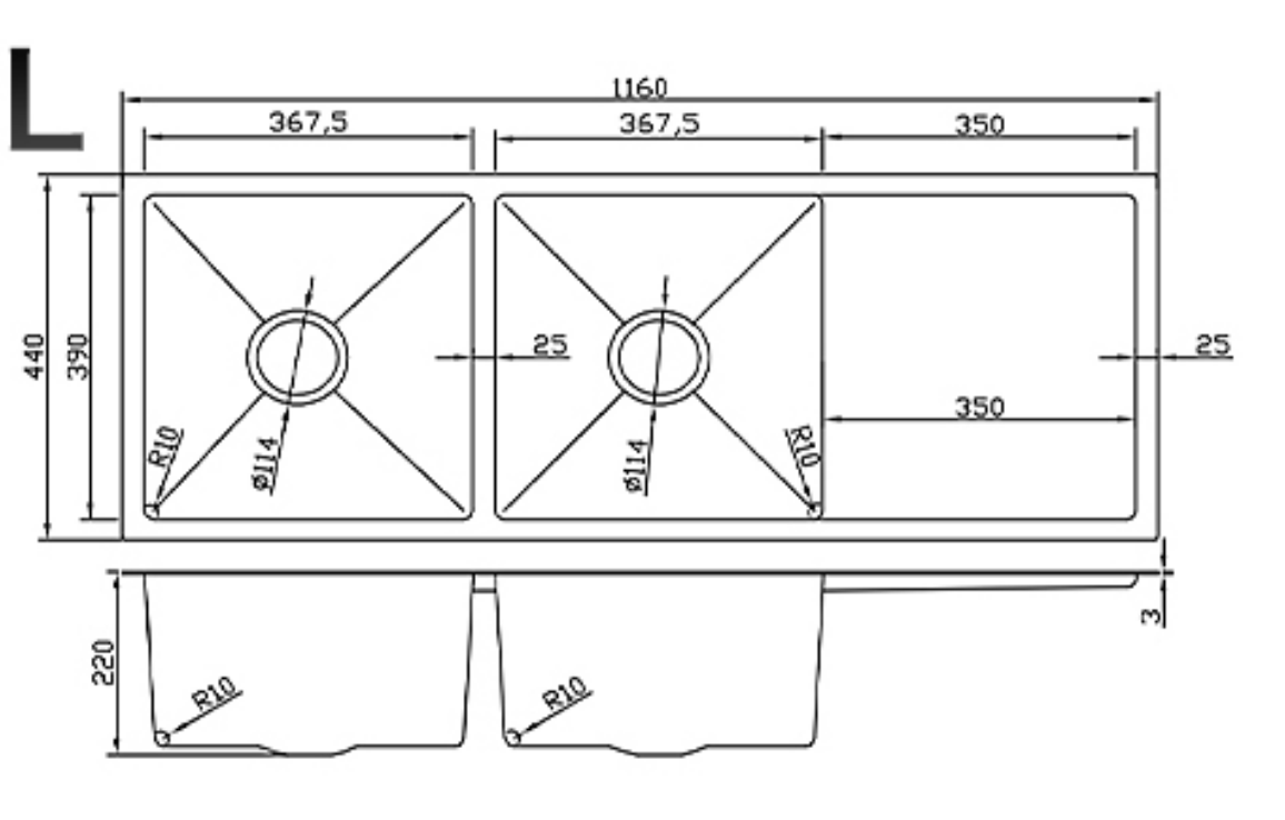 11644-GL Gold Double Bowl Stainless Steel Sink with Drainer Board, 1160x440x220mm