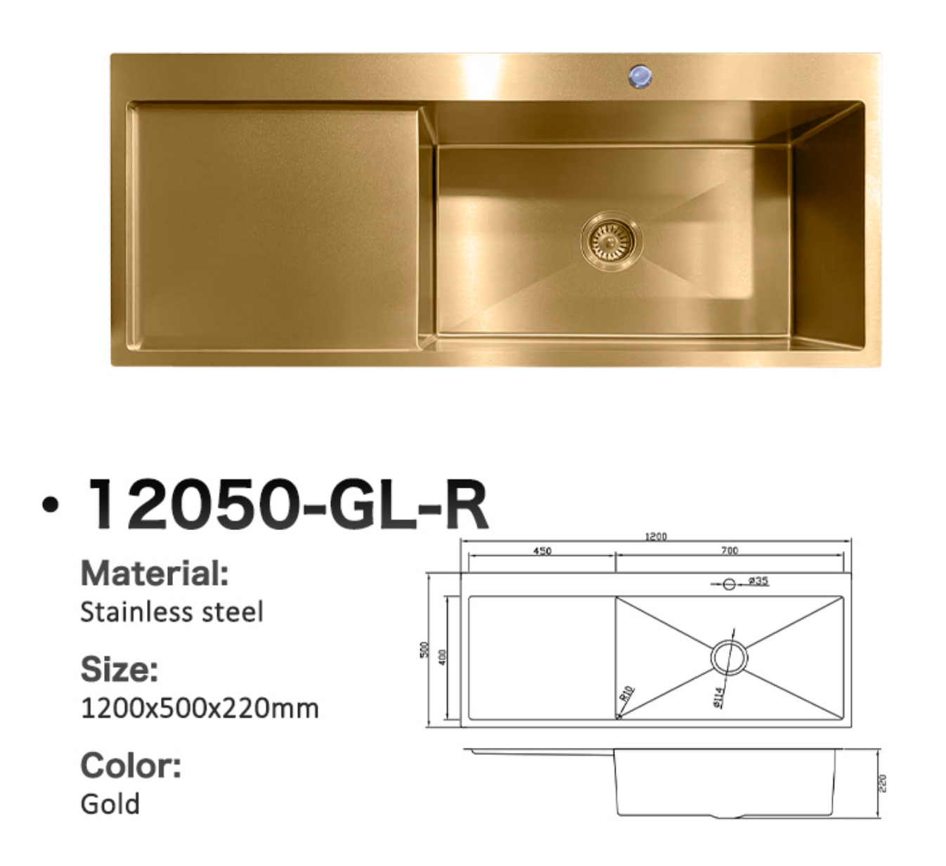 12050-GL-R Single Bowl Stainless Steel Sink with Left Drainer