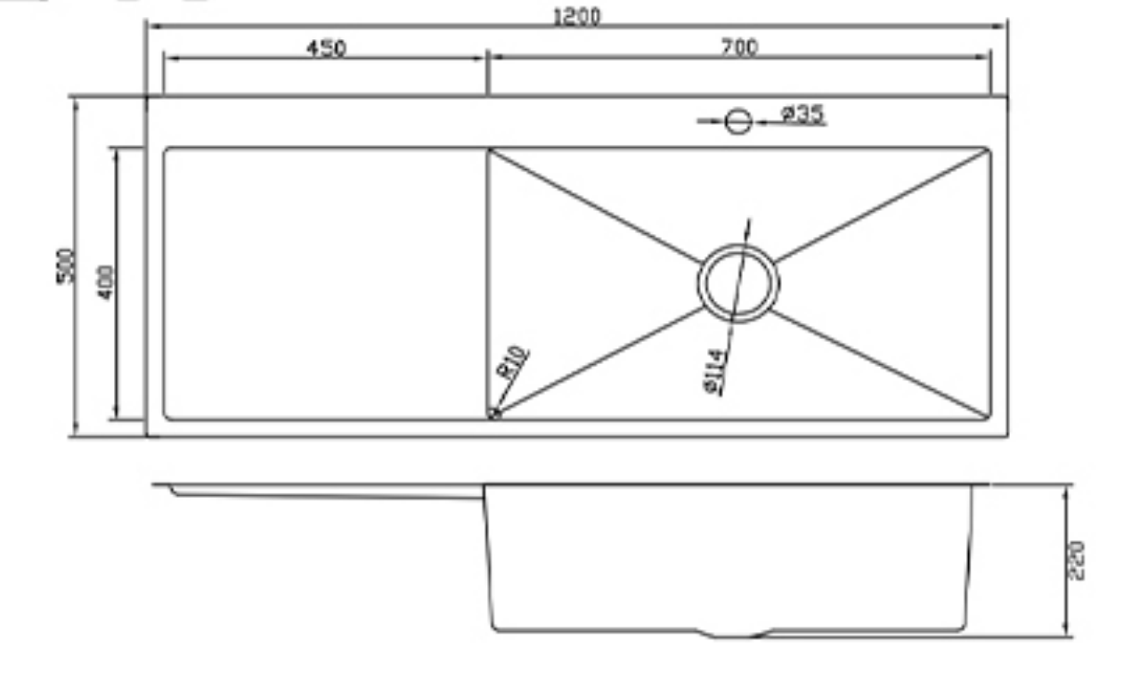 12050-GL-R Gold Single Bowl Stainless Steel Sink with Right Drainer, 1200x500x220mm