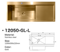 12050-GL-L Gold Single Bowl Stainless Steel Sink with Left Drainer, 1200x500x220mm
