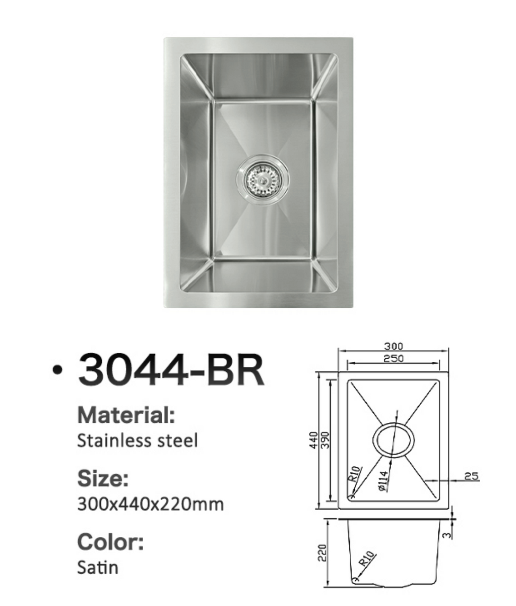 3044-BR Satin Stainless Steel Single Bowl Sink, 300x440x220mm