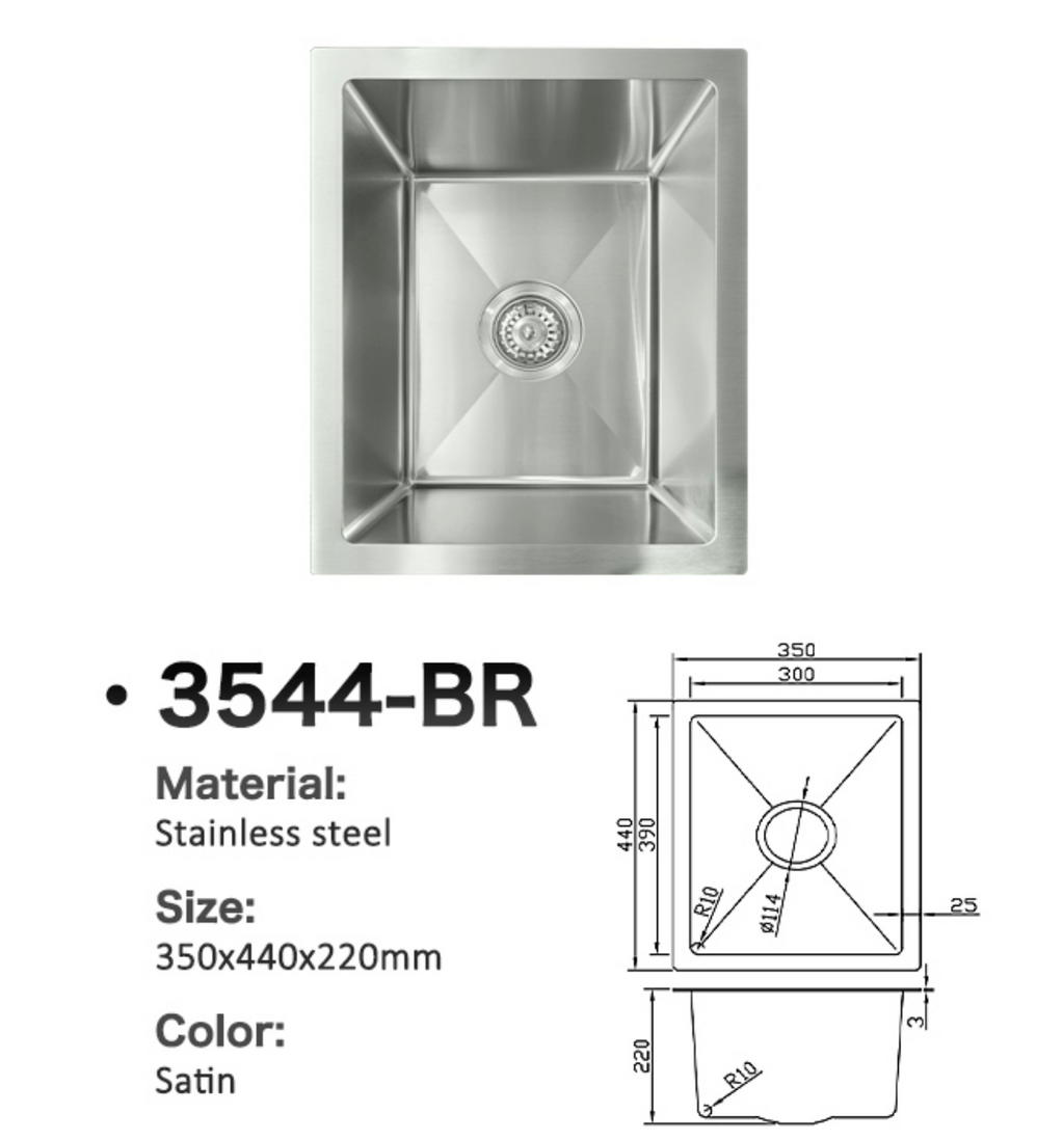 3544-BR Satin Stainless Steel Single Bowl Sink, 350x440x220mm