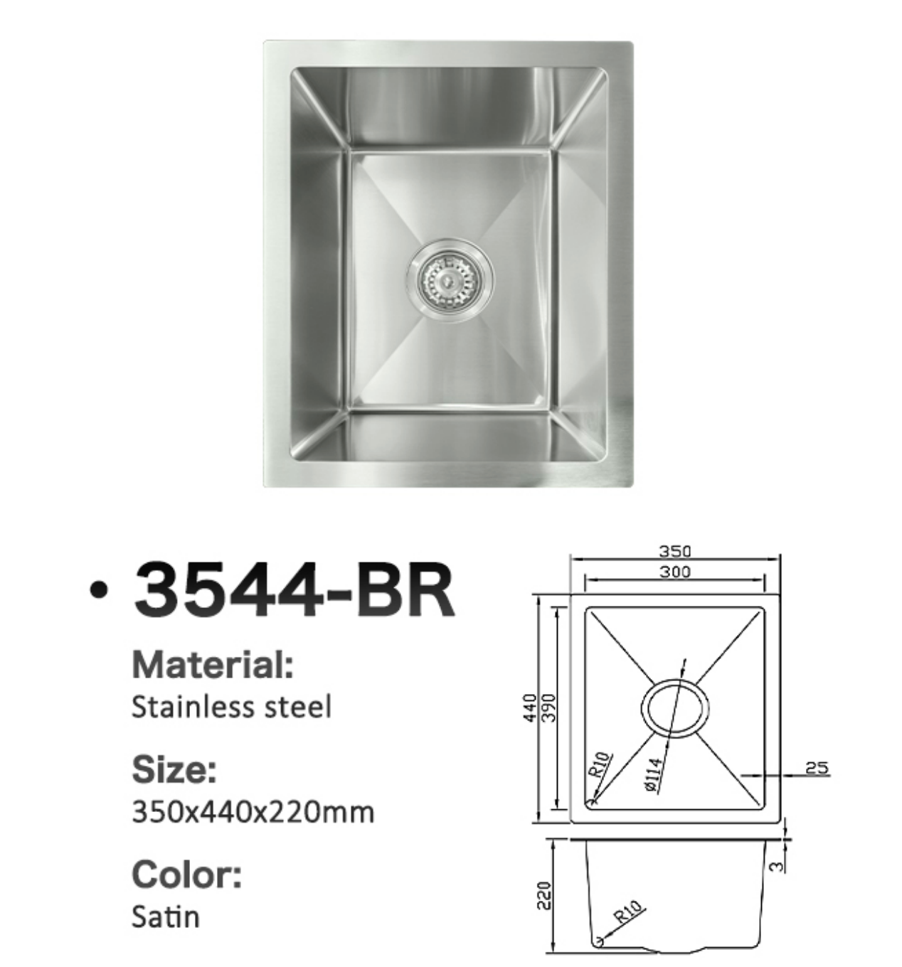 3544-BR Satin Stainless Steel Single Bowl Sink, 350x440x220mm