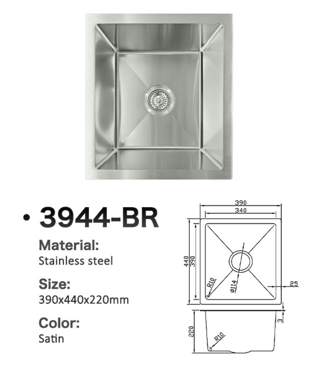 3944-BR Satin Stainless Steel Single Bowl Sink, 390x440x220mm