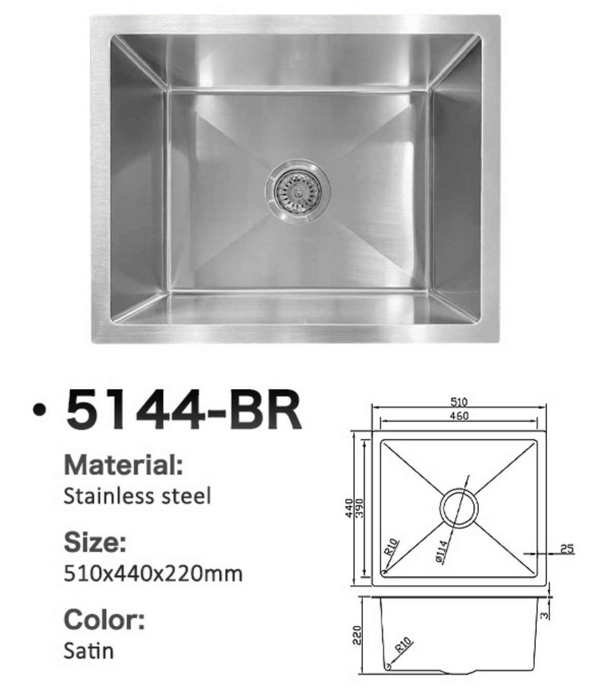 5144-BR Stainless Steel Single Bowl Sink