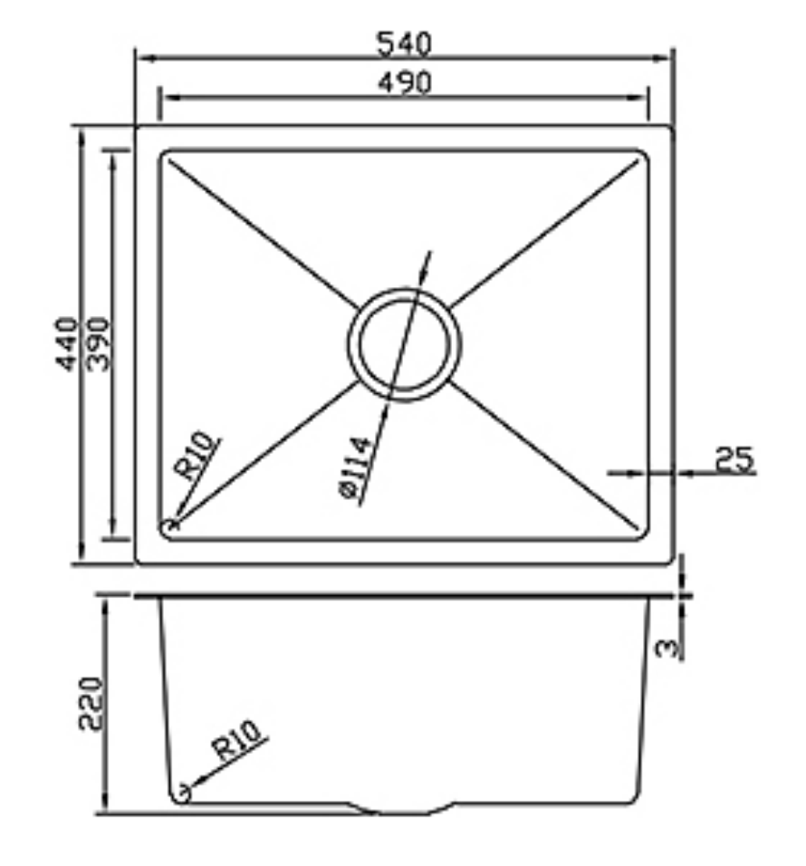 5444-BR Satin Stainless Steel Single Bowl Sink, 540x440x220mm