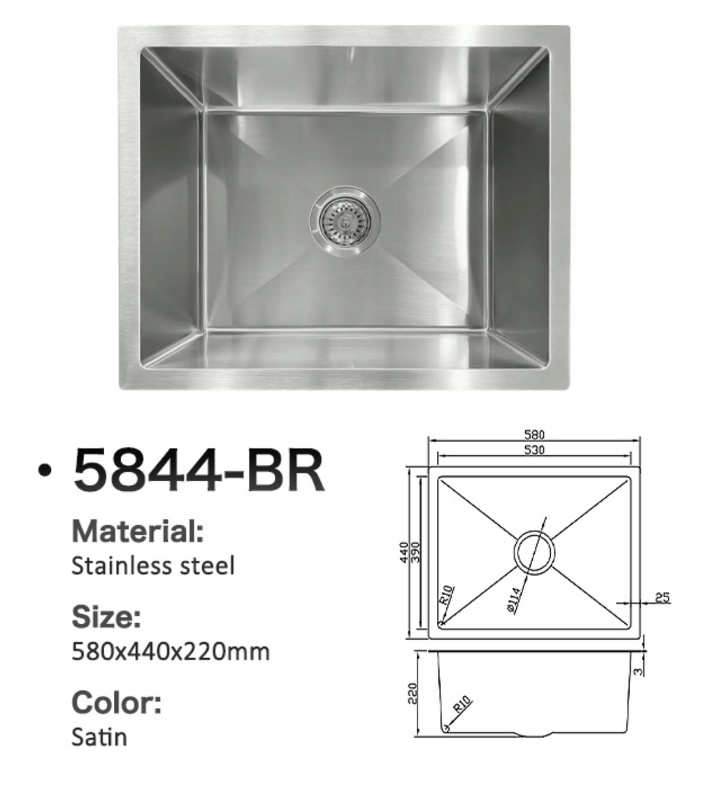 5844-BR Satin Stainless Steel Single Bowl Sink, 580x440x220mm