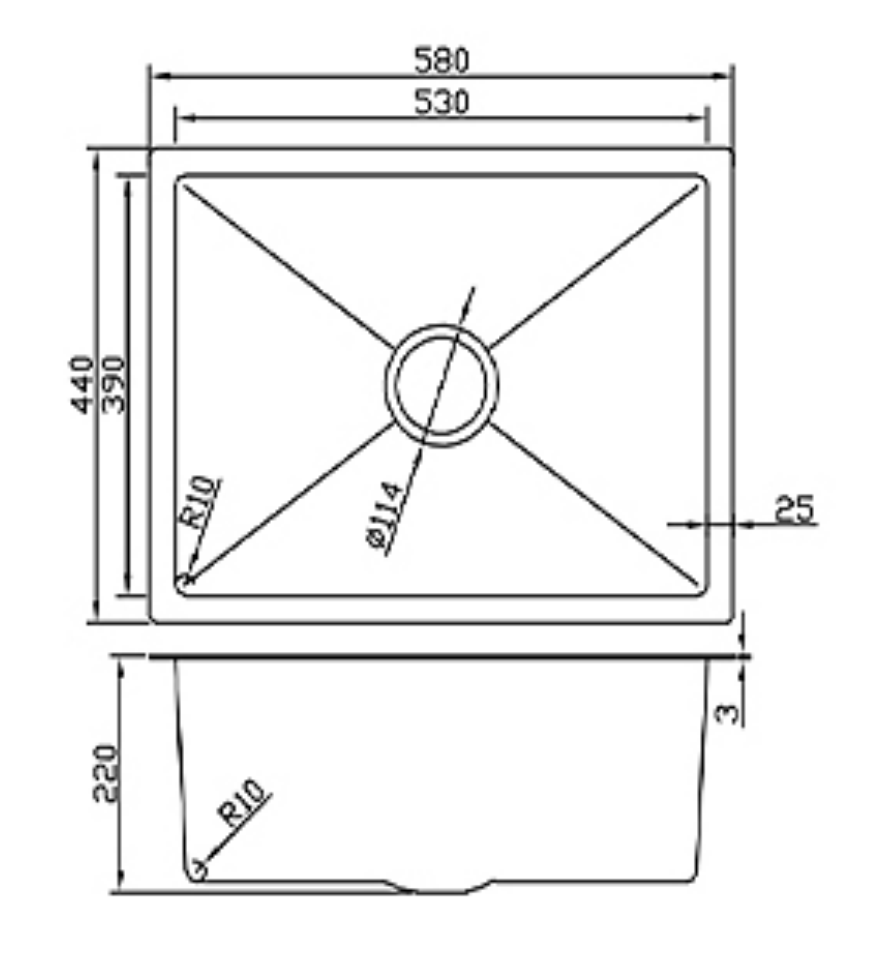 5844-BR Satin Stainless Steel Single Bowl Sink, 580x440x220mm
