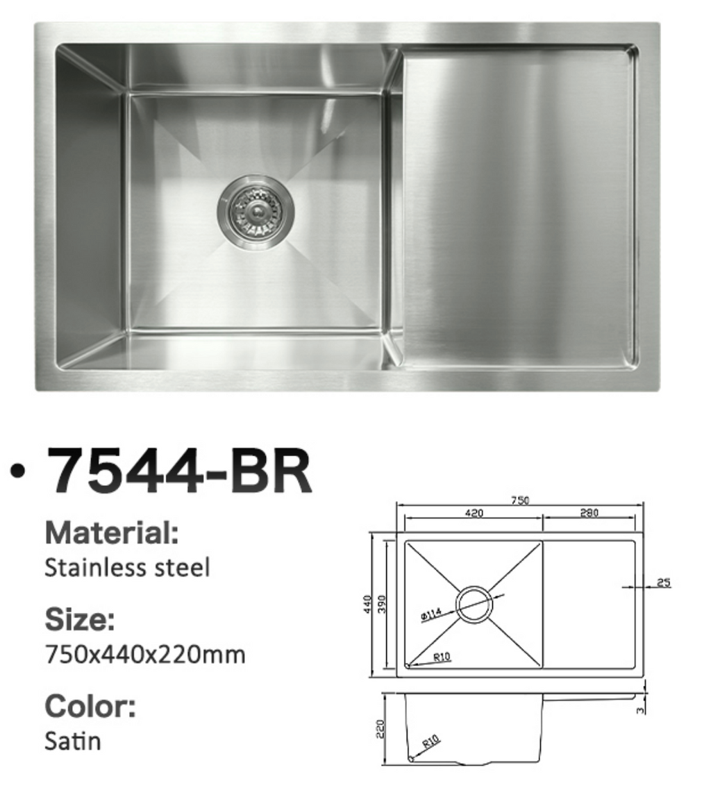 7544-BR Satin Stainless Steel Single Bowl Sink with Drainer, 750x440x220mm