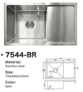 7544-BR Satin Stainless Steel Single Bowl Sink with Drainer, 750x440x220mm