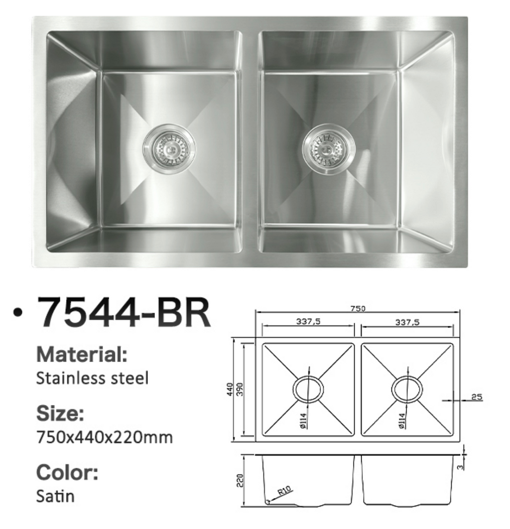 7544-BR Satin Stainless Steel Double Bowl Sink, 750x440x220mm