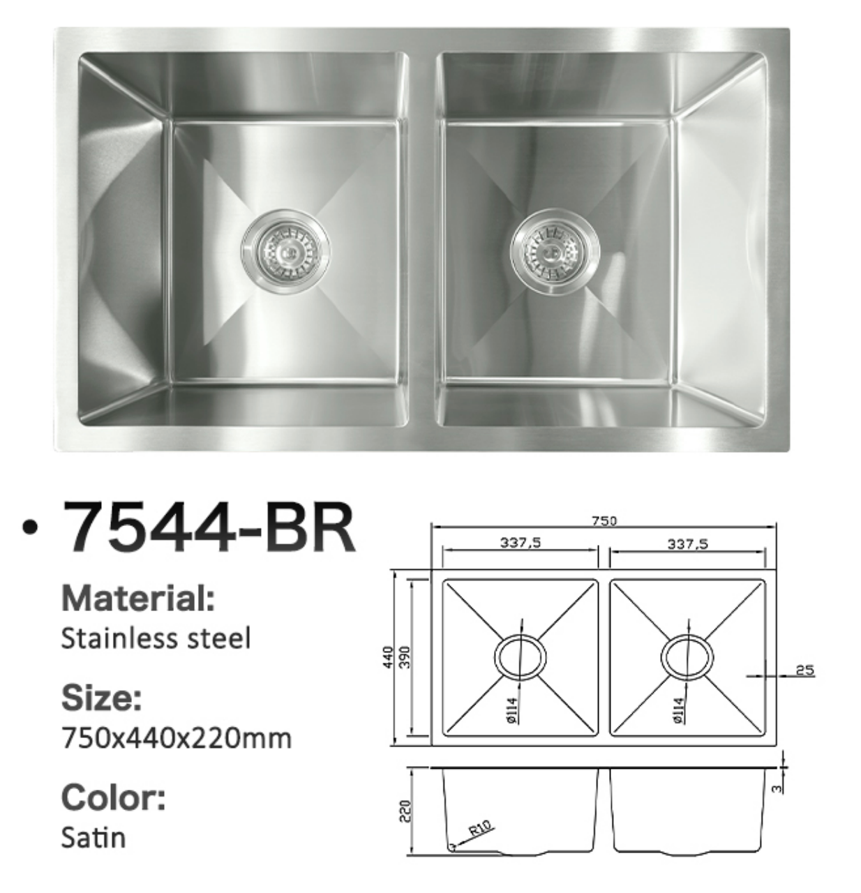 7544-BR Stainless Steel Double Bowl Sink