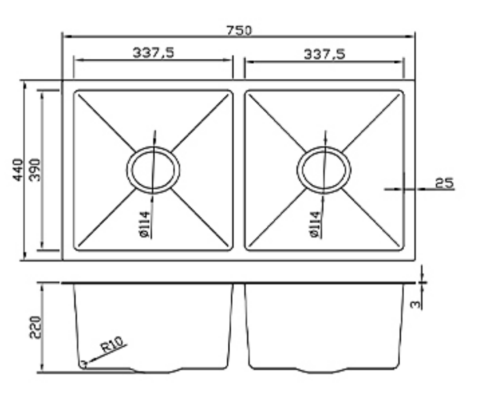 7544-BR Satin Stainless Steel Double Bowl Sink, 750x440x220mm