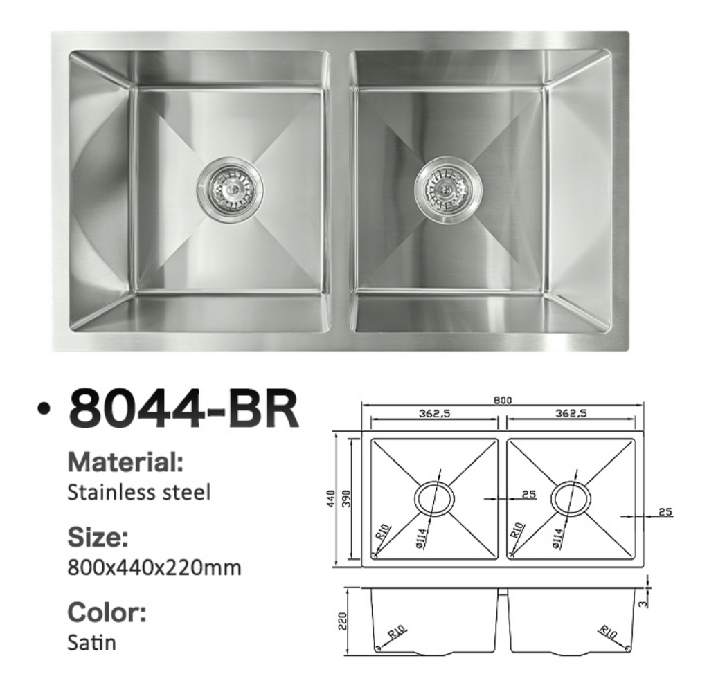 8044-BR Satin Stainless Steel Double Bowl Sink, 800x440x220mm