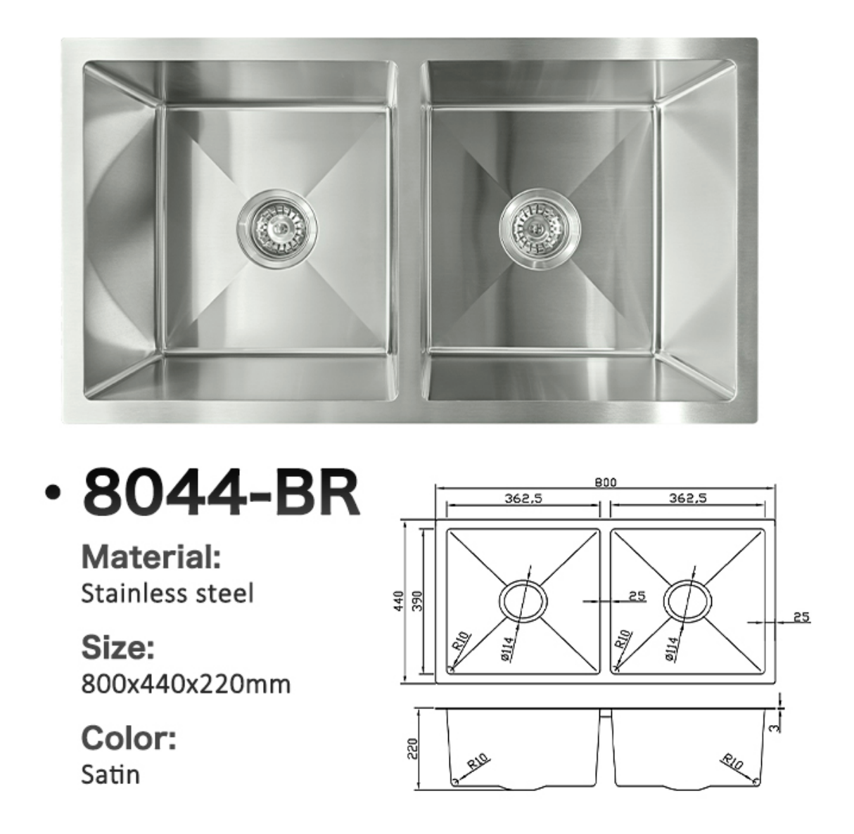 8044-BR Stainless Steel Double Bowl Sink