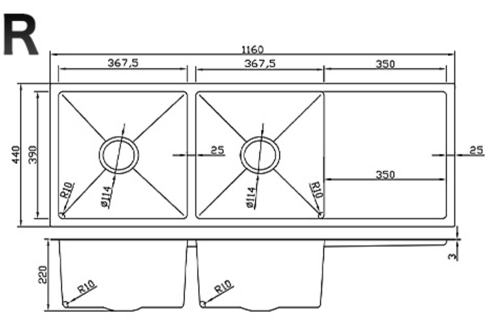11644-BR Satin Stainless Steel Double Bowl Sink with Drainer, 1160x440x220mm