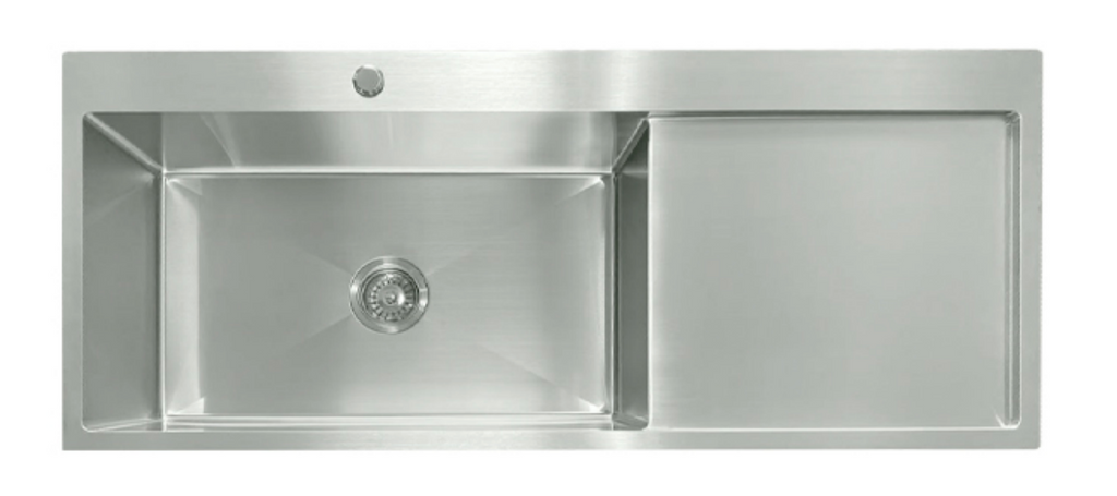 12050-BR-L Satin Stainless Steel Single Bowl Sink with Drainer, Left Bowl, 1200x500x220mm