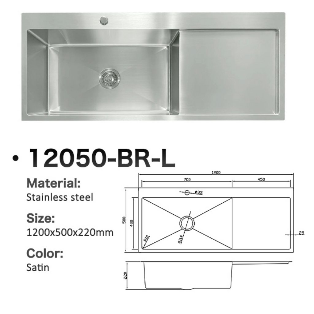12050-BR-L Satin Stainless Steel Single Bowl Sink with Drainer, Left Bowl, 1200x500x220mm