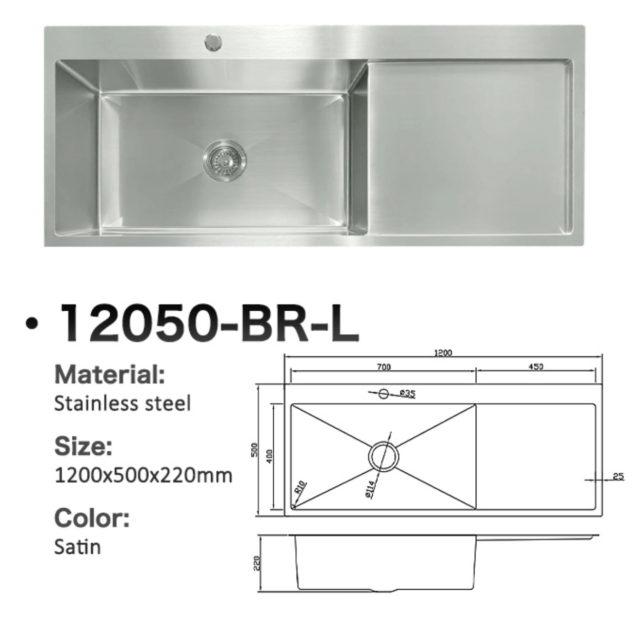 12050-BR-L Stainless Steel Single Bowl Sink with Right Drainer, Left Bowl