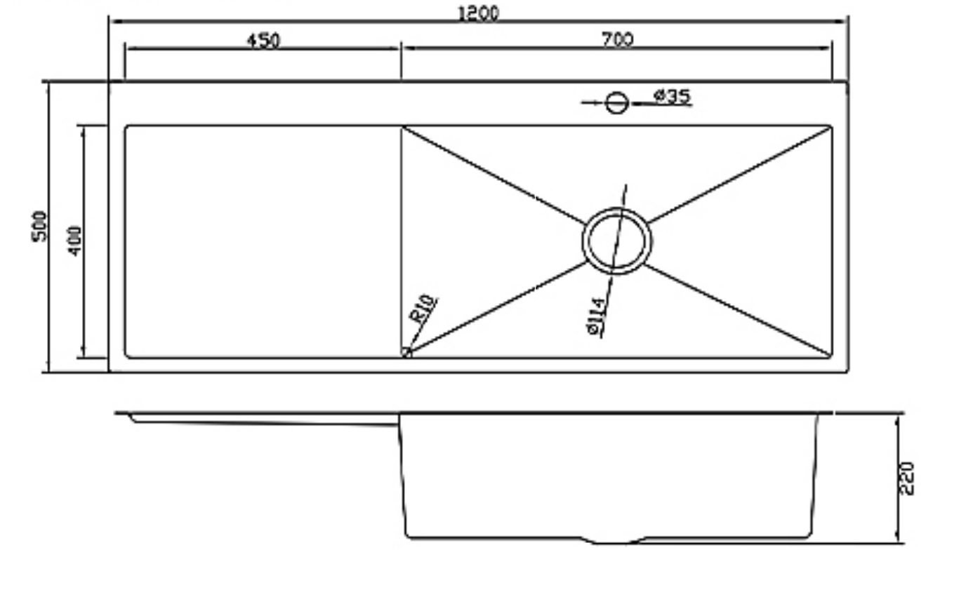 12050-BR-R Satin Stainless Steel Single Bowl Sink with Drainer, Right Bowl, 1200x500x220mm