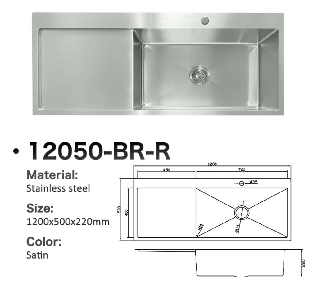 12050-BR-R Satin Stainless Steel Single Bowl Sink with Drainer, Right Bowl, 1200x500x220mm