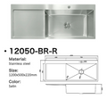 12050-BR-R Satin Stainless Steel Single Bowl Sink with Drainer, Right Bowl, 1200x500x220mm
