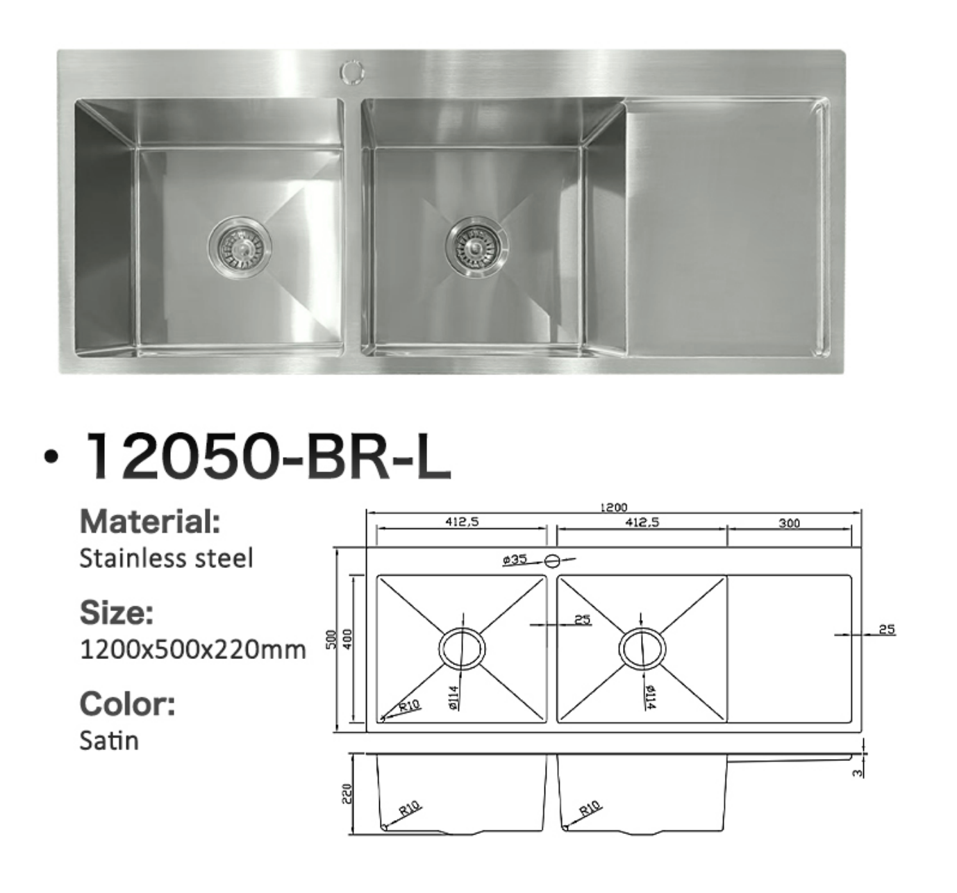 12050-BR-L Satin Stainless Steel Double Bowl Sink with Drainer, Left Drainer, 1200x500x220mm